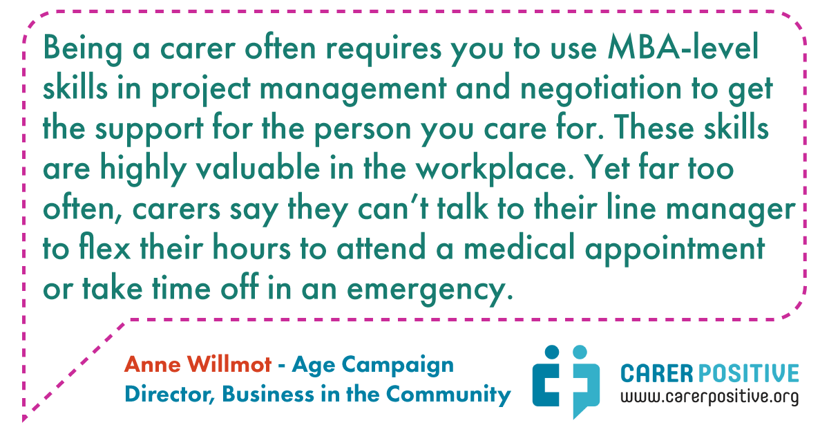 CarerPositive's tweet photo. #ThursdayThoughts: It's time employers acknowledged the transferrable skills that #carers have and worked to support them in their jobs. #CarerPositive https://t.co/oSsoWhE1u2