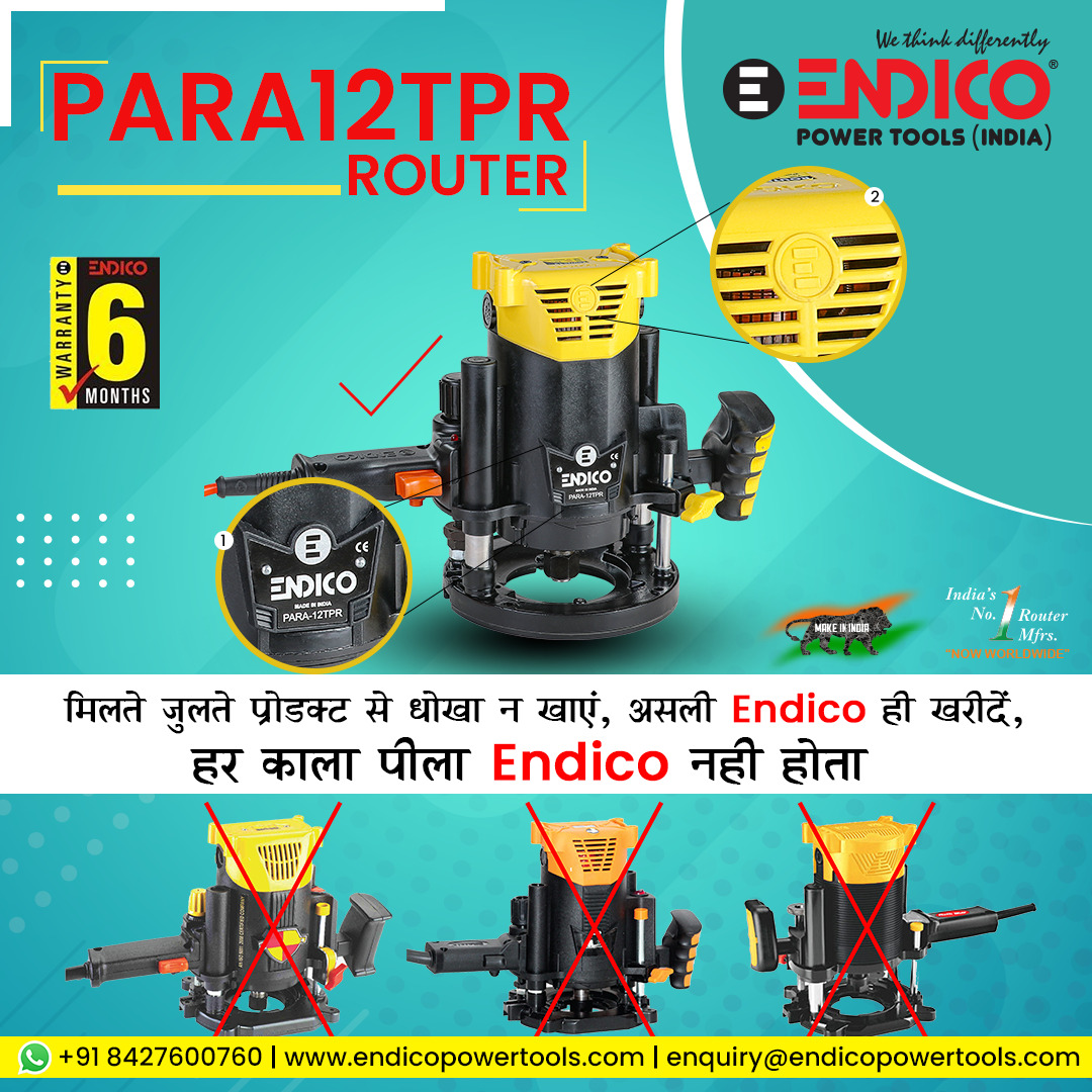 Endicopowertool's tweet photo. Best Buy Original #ENDICO "PARA12TPR"
- INDIA’s NO.1 WOOD WORKING ROUTER
Take care, not to buy it's duplicate!
All in black &amp; yellow are not #ENDICOProducts.

FOR MORE DETAILS CALL US OR WHATSAPP US: +91-84276-00760

#endico #powertools #madeinindia https://t.co/IVzzY3JIlS