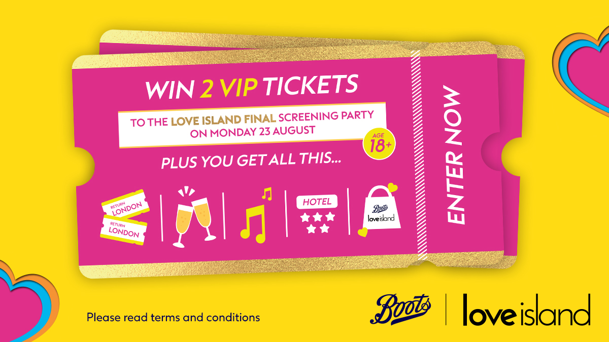 BootsUK's tweet image. *FOR A CHANCE TO WIN 2 TICKETS TO THE LOVE ISLAND FINAL SCREENING PARTY* in Central London on Monday 23rd August 2021. Simply 1. follow @BootsUK and @LoveIsland 2. Retweet our post 3. comment below who you would take to the final with you. T&amp;amp;C: ow.ly/KUT950FBejc