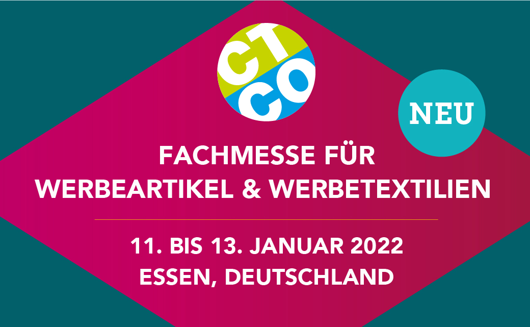 Die CTCO kommt nach Deutschland! 
Von 11. bis 13. Januar 2022 wird die Messe Essen zum Hotspot für die Werbeartikel-, Werbetextilien- und Werbedruckbranche. 
Sie wollen live dabei sein? Sprechen Sie uns an: 
kommunikation@ctco-deutschland.de
#CTCO #haptischewerbung #werbemittel