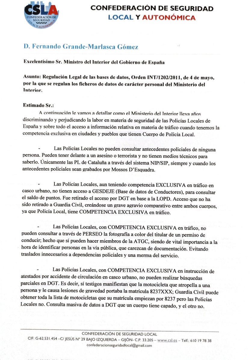 CSLA_Esp's tweet image. Solicitud a @interiorgob acceso a diferentes bases Policiales que hasta la fecha o están muy limitadas o en muchos casos se carecen de ellas como son:
- Acceso a antecedentes policiales.
- Acceso a GESDEJE
- Acceso a PERSEO
- Acceso a búsquedas parciales de matrículas.
