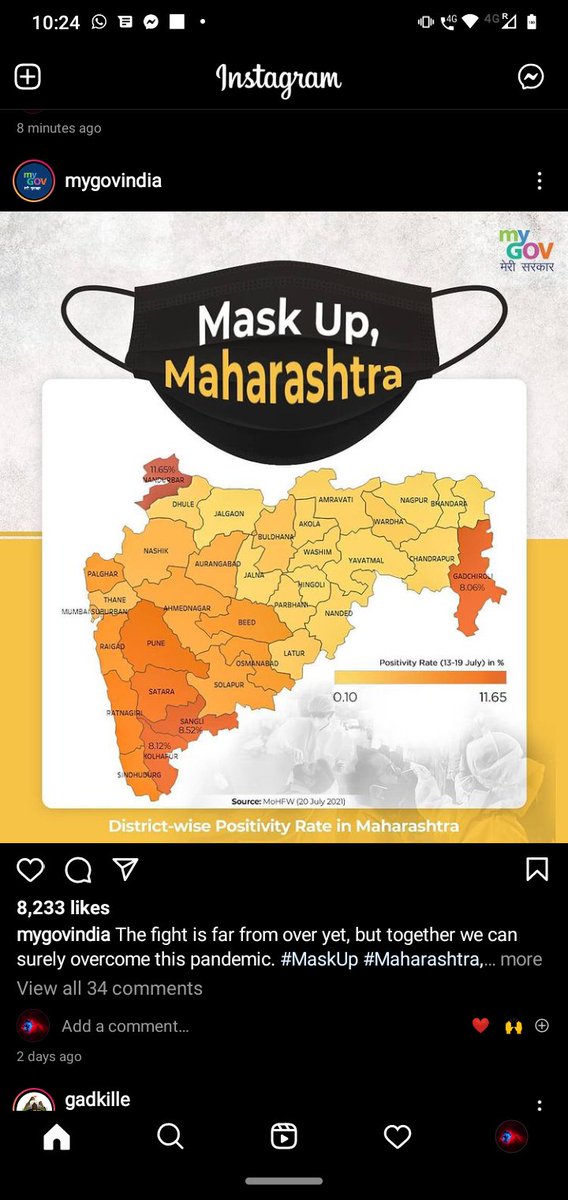 aadesh_pc's tweet photo. A post by My Gov (Indian Government) handle on instagram which indicates districtvise positivity rate of Maharashtra map has missing Gondia district... 
@CMOMaharashtra https://t.co/CRbEkzU0m3
