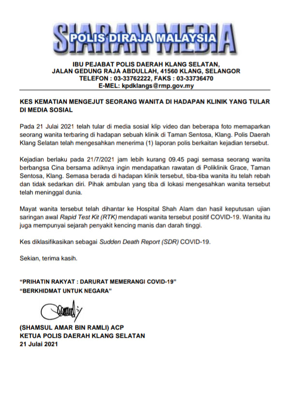 Bfm News On Twitter 1 A Woman Who Had Collapsed And Died In Front Of A Clinic In Taman Sentosa Has Been Confirmed To Be Covid 19 Positive Klang Selatan Police Revealed That