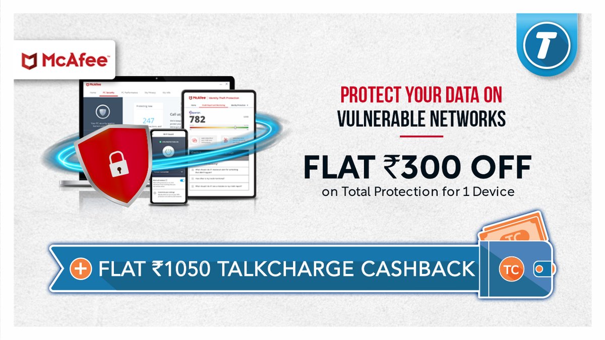 TalkCharge's tweet photo. Cybercrimes have increased 300% since covid-19!
Work from home or office, your data stays protected. 🔒
#McAfeetotalprotection
Shop #McAfee Total Protection and get 👉Rs 300 off and an #extracashback of Rs 1050, only on shopping via #TalkCharge👈 https://t.co/WZCmMJoSAX https://t.co/OYLS8iPiVa