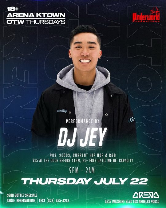 🚨EXCITING ANNOUNCEMENT🚨
This THURSDAY, July 22, @_jeymusic WILL BE OPENING @ Arena KTown🎆
Excited to see you all there😈