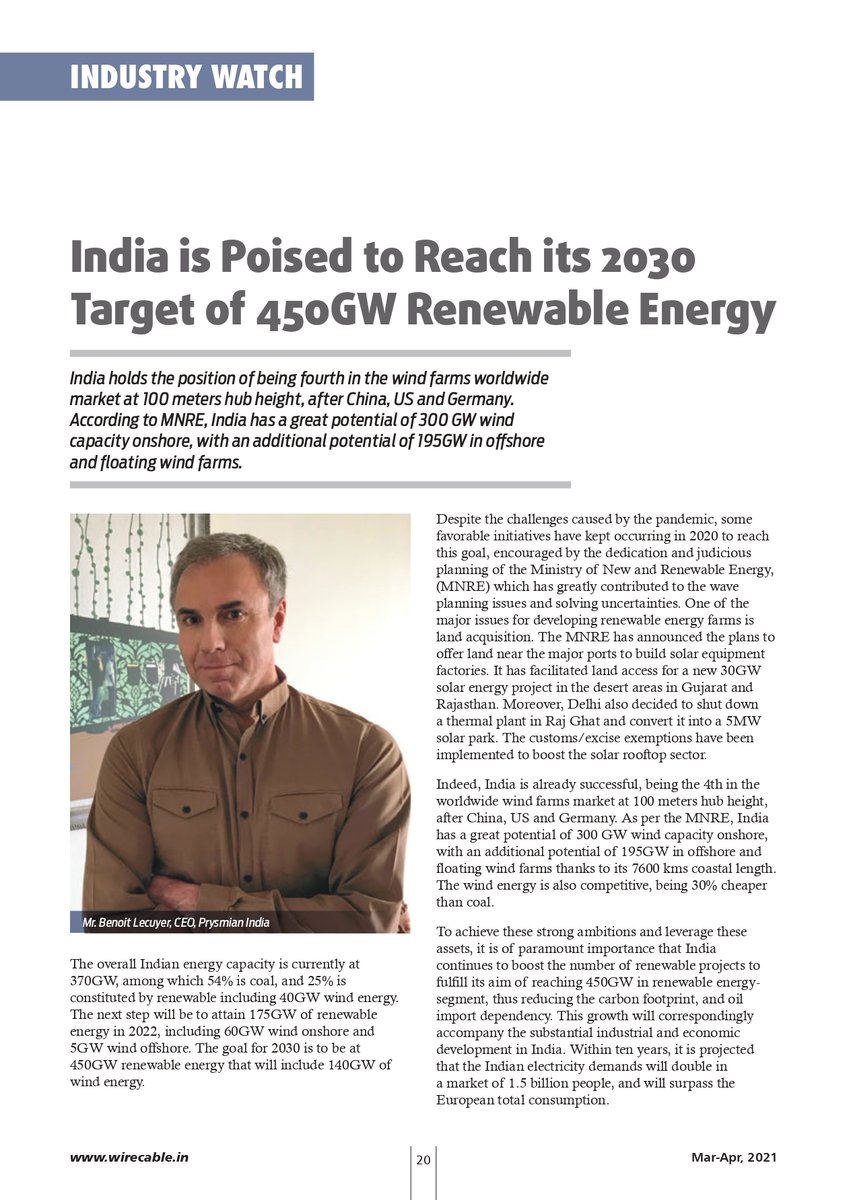 wirecableindia's tweet image. Read full Article: bit.ly/2SlOqEJ
Keeping in mind India's achieving goal of 450GW #RenewableEnergy, @PrysmianGroup is well prepared to develop &amp;amp; supply #energycables and #smartsolutions for #windenergy &amp;amp; #solarpowerprojects.
 #cablemanufacturer #topcablecompaniesinindia