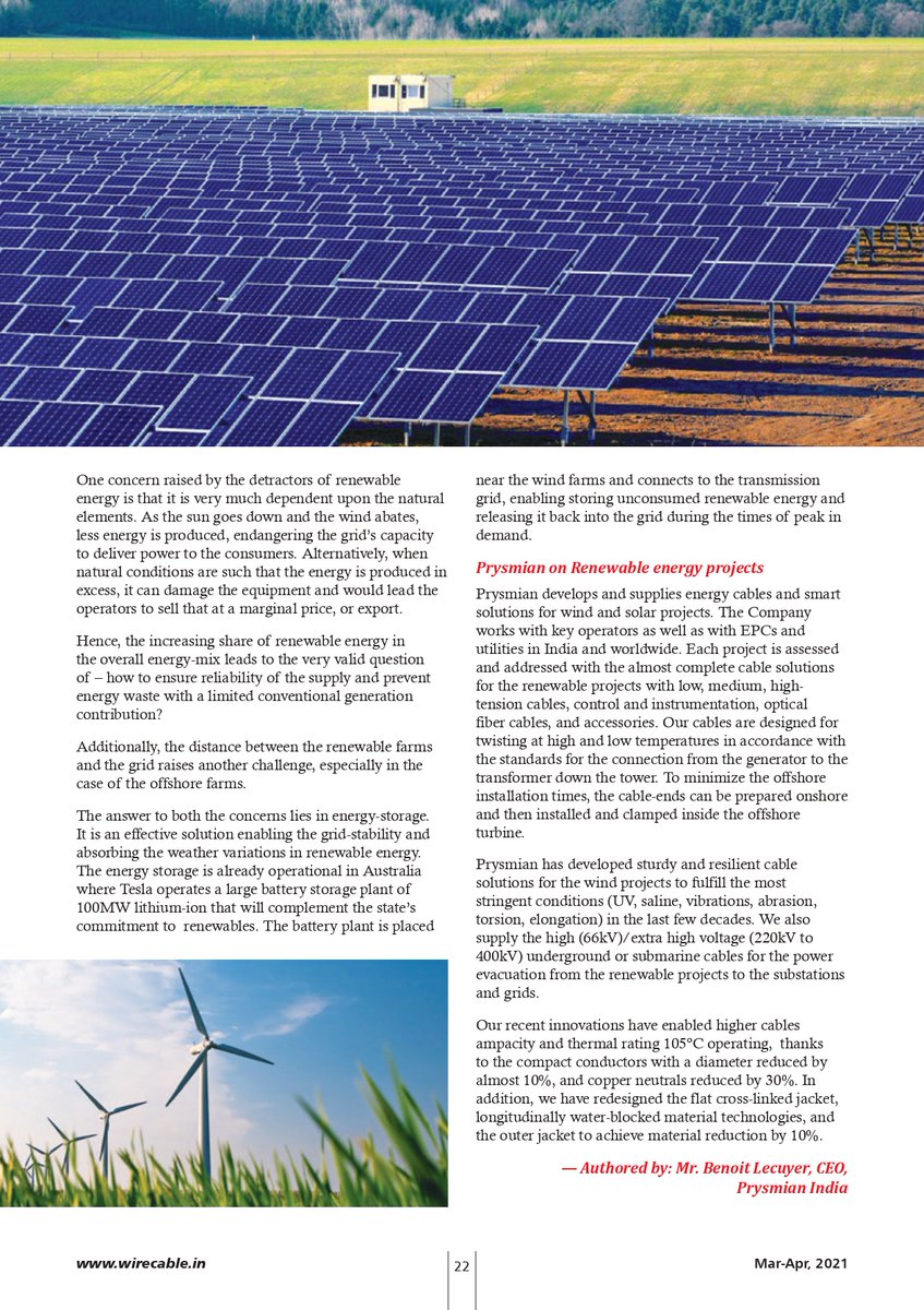 wirecableindia's tweet image. Read full Article: bit.ly/2SlOqEJ
Keeping in mind India's achieving goal of 450GW #RenewableEnergy, @PrysmianGroup is well prepared to develop &amp;amp; supply #energycables and #smartsolutions for #windenergy &amp;amp; #solarpowerprojects.
 #cablemanufacturer #topcablecompaniesinindia