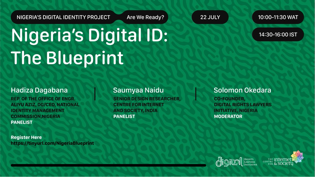 Centre for Internet and Society (@cis_india) on Twitter photo Register for our event today, in collaboration with <a href="/DRLI_HQ/">Digital Rights Lawyers Initiative</a>, for a panel discussion on #DigitalIdentity in Nigeria, at 2:30pm IST, with panelists <a href="/HDagabana/">Hadiza Dagabana</a>, from <a href="/nimc_ng/">NIMC</a>, and <a href="/saumyaanaidu/">Saumyaa Naidu</a>, moderated by <a href="/SolomonOkedara/">Solomon Okedara</a> from <a href="/DRLI_HQ/">Digital Rights Lawyers Initiative</a>
us06web.zoom.us/webinar/regist… Register for our event today, in collaboration with <a href="/DRLI_HQ/">Digital Rights Lawyers Initiative</a>, for a panel discussion on #DigitalIdentity in Nigeria, at 2:30pm IST, with panelists <a href="/HDagabana/">Hadiza Dagabana</a>, from <a href="/nimc_ng/">NIMC</a>, and <a href="/saumyaanaidu/">Saumyaa Naidu</a>, moderated by <a href="/SolomonOkedara/">Solomon Okedara</a> from <a href="/DRLI_HQ/">Digital Rights Lawyers Initiative</a>
us06web.zoom.us/webinar/regist…