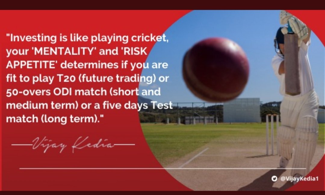 _LuckymanManish's tweet photo. "Investing is like playing cricket, your 'MENTALITY' and 'RISK APPETITE' determines if you are fit to play T20 (future trading) or 50 OVERS ODI (short and medium term) or a five days Test match (long term)." https://t.co/Gr9SrANolk