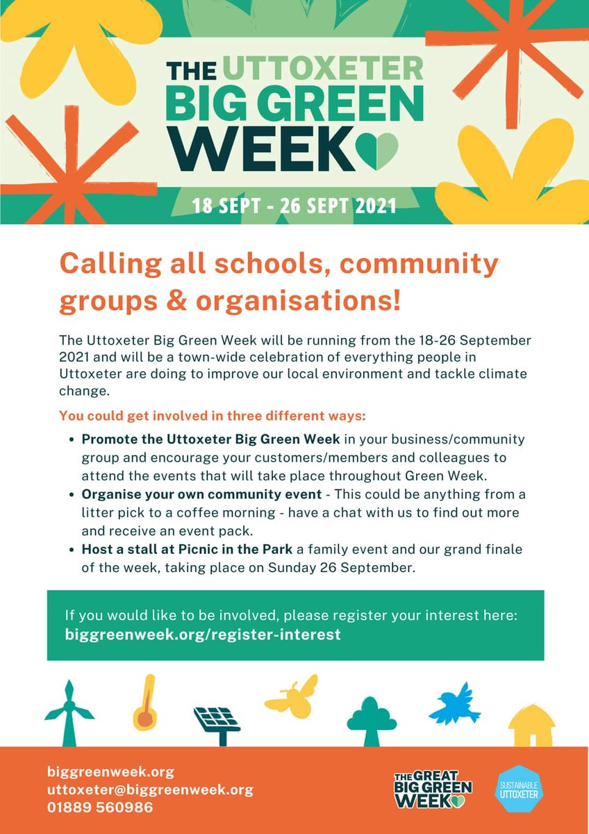 theglobefdn's tweet photo. 💚 The Uttoxeter Big Green Week 💚 18-26 September 2021. A town-wide celebration of everything people in Uttoxeter are doing to improve our local environment &amp; tackle climate change.
Register via:
https://t.co/0IDHZAPK75

#BigGreenWeek2021 #Uttoxeter #ClimateAction #GreenFestival https://t.co/WEQMO4nrRE