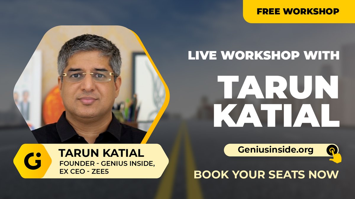 2 DAYS TO GO!!!!
Join @tarunkatial - Founder Genius Inside, Ex CEO Zee5 on our upcoming workshop - 6 Pillars of Success - Saturday, 24th July at 10:30 am IST.

Registrations open: geniusinside.org/6-pillars-of-s…

#GeniusInside #LiveWorkshop @kumarpriya @manashikumar1 @rahulmaroli
