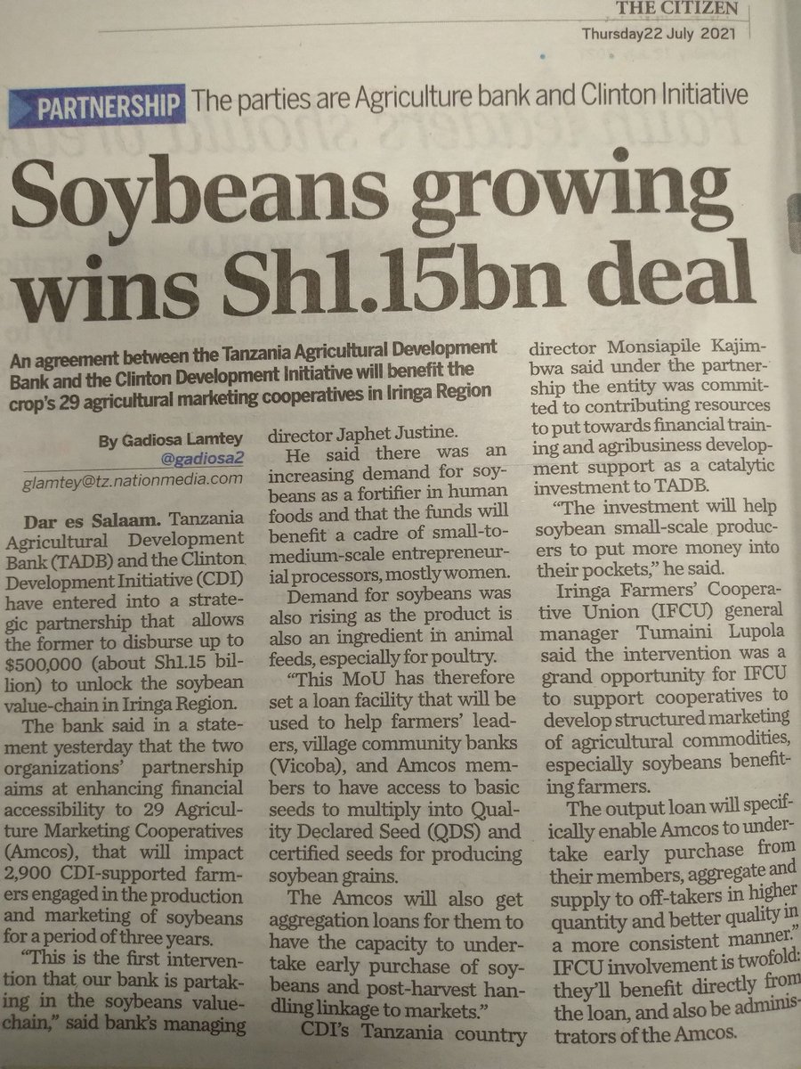 Excited of another strategic and Impactful #AgriPartnership with <a href="/ClintonFdn/">Clinton Foundation</a> under the Clinton Development Initiative to finance Soybean farmers in Iringa💪🏾

Makubaliano kati <a href="/tadbtz/">Tanzania Agricultural Development Bank</a> na <a href="/ClintonFdn/">Clinton Foundation</a> chini ya taasisi ya Maendeleo ya shirika hilo kuwezesha wakulima wa Soya Iringa