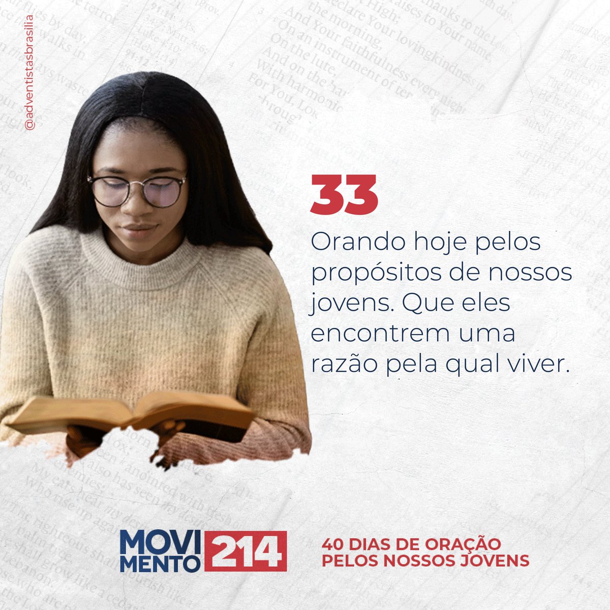 Um motivo! Que nos juventude encontre seu motivo de viver em Cristo!
@adventistasbrasilia 
#movimento214 
#orandopelosjovens 
#chegouahora #geraçãomissionária #tmj👊 #vmj