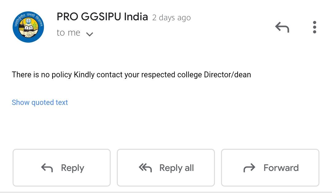 faizalll___'s tweet photo. Got this reply from GGSIPU, ye nhi karne vaale kuchh bhi🙂 Better talk to your college's deans https://t.co/vF70Tu3Ef0