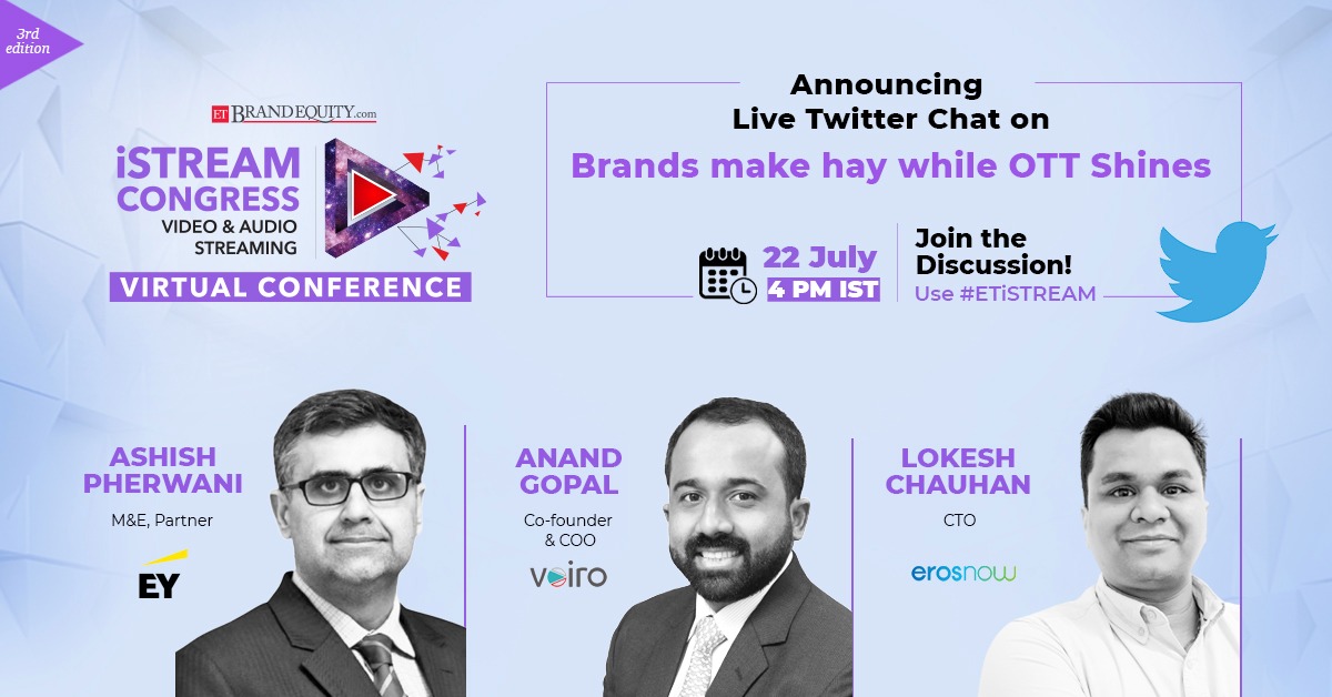 𝐇𝐚𝐩𝐩𝐞𝐧𝐢𝐧𝐠 𝐓𝐨𝐝𝐚𝐲 @ 4 𝐏𝐌! Watch top leaders & experts participating in the #Tweetchat on “Brands make hay while #OTT Shines' Join the conversation using #ETiStream & tell us why OTT will be a part of every brands media mix? #ETiStream : bit.ly/33tRSih