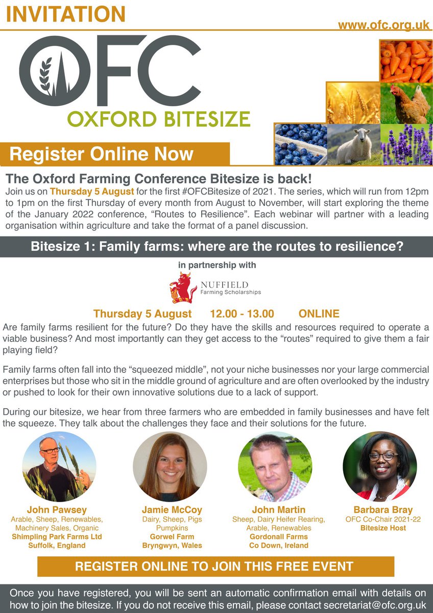 oxfordfarming's tweet photo. Two weeks to go until our first #OFCBitesize of 2021, in partnership with @NuffieldFarming.
๐ป Family Farms: Where are the routes to resilience?โ
๐ฃ@roviroo123 @jamiegorwelfarm @hanslope @bapbray
๐5 Aug
โฑ12pm - 1pm
Register - https://t.co/R5QMv5GjqU https://t.co/jVcsMb57YN