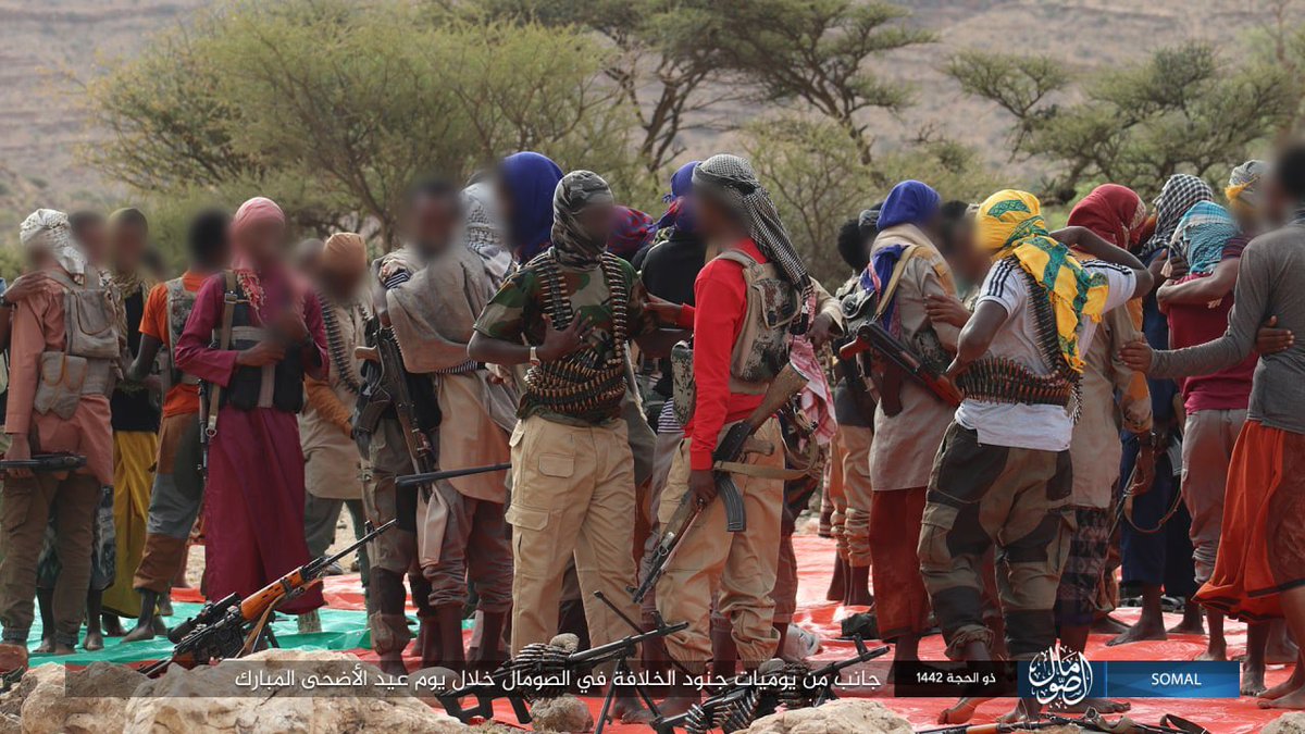 ISIS Somalia: Recent high quality photo op by Abnaa-Ul-Caliphaa shows its leader Abdiqadir Muumin in prayer with some members of his group's rank &amp; file. The group has been successfully outbidding it's rival Al-Shabaab Mujahideen terrorists hence the current large file.