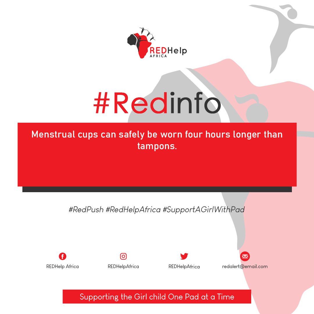 REDHelpAfrica's tweet photo. Menstrual cups can safely be worn four hours longer than tampons.

@theonly1acre @Dabota_fubara
@AbdulMahmud01
#RedInfo #RedHelpAfrica https://t.co/Q5DpKrVJVe