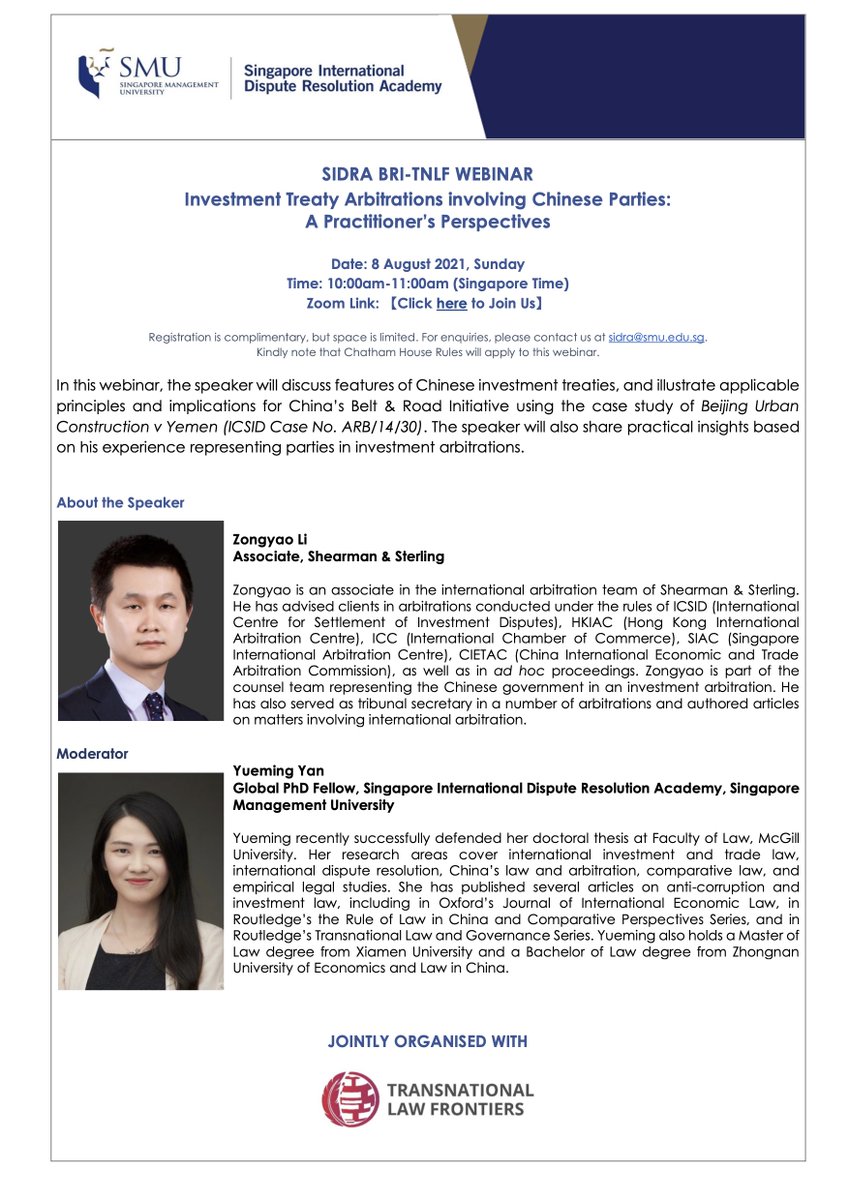 LawFrontiers's tweet photo. Another webinar co-organized by TNLF and @SIDRASingapore! This talk will present some practical insights (by Zongyao Li, Associate, Shearman &amp; Sterling LLP) on Chinese IIAs and ISA cases.
Date &amp; Time: August 8th, Sunday, 10am (Beijing Time)
Register: https://t.co/nWMtY6JQav https://t.co/hdPVWvzZng
