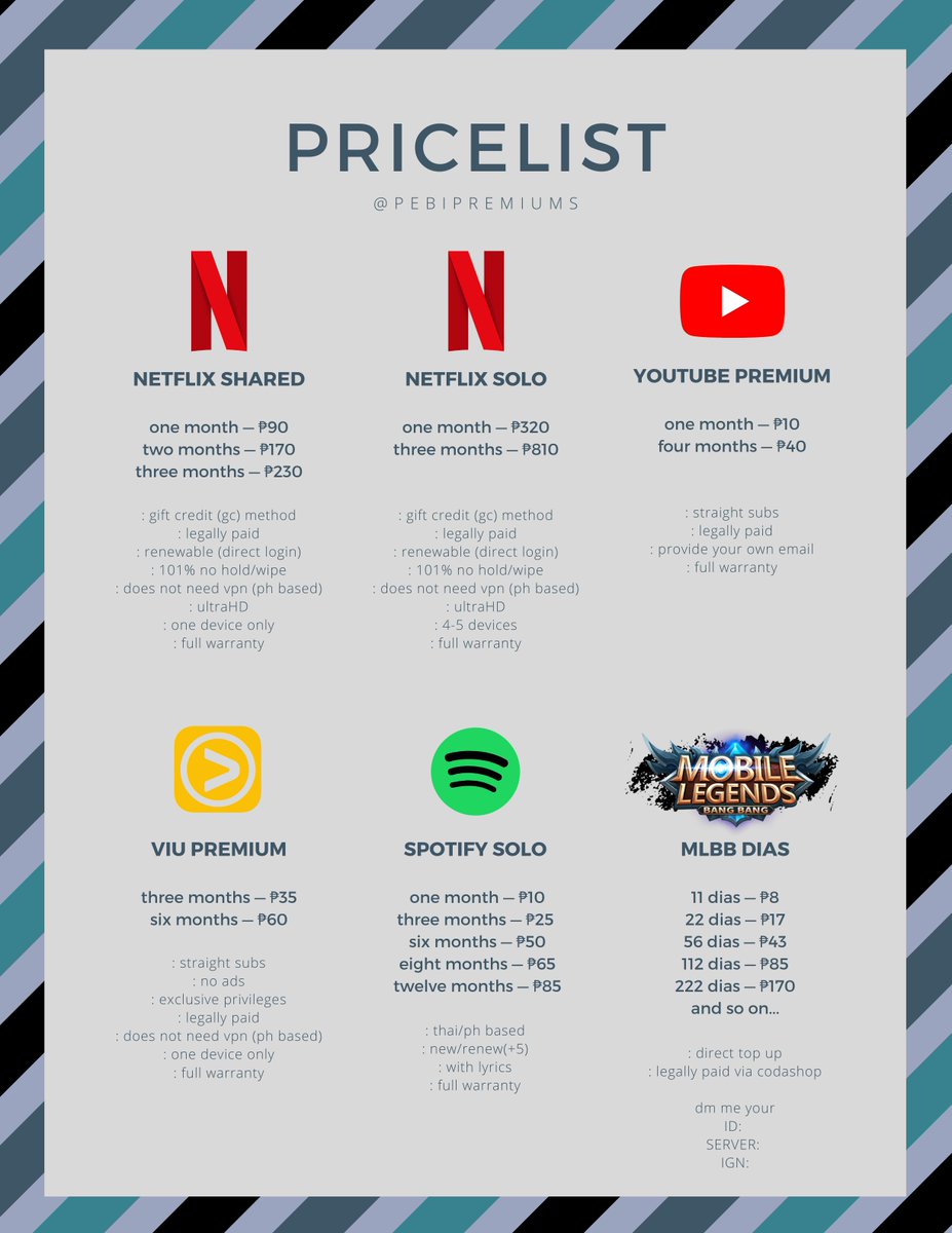 pebipremiums's tweet photo. — Pricelist

notes
: prices are not fixed, it may change depending on the availability
: more premiums available, just hmu 
: feel free to ask questions
: was @grasyanaprems T_T
: since August, 2020
: #PebiProofs

proofs here: 
🔗https://t.co/tTGxycBz47 https://t.co/PjApJWNdAW