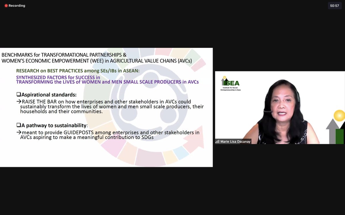 SocEnt_Asia's tweet photo. #HappeningNow is @PPSASecretariat ’s webinar via Zoom.

At the moment, ISEA President @LisaDacanay presents the BTP WEE in AVCs or Benchmarks) as Monitoring &amp; Evaluation Framework for Gender Inclusive Programs.

#gender #inclusive #sustainability #SocEntAsia #SocEnt https://t.co/S29HOUTHVQ