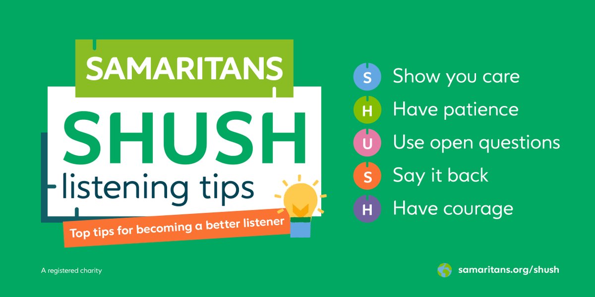 PhoenixGroupUK's tweet photo. Every hour of every day, our charity partner @samaritans is there to listen. 

This year we're supporting their #247 awareness day by sharing their SHUSH listening tips to help us to be there for one another. https://t.co/gbjBdaUGSL