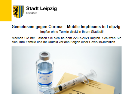 Poliklinik_Le's tweet photo. Ab heute könnt ihr euch in vielen Stadtteilen in #Leipzig ohne Termin impfen lassen! 
@StadtLeipzig @drksachsen 

Mehr Infos unter https://t.co/Kw1puIaTQl 
Mehrsprachige Infos 👇 https://t.co/s80NAI6MBw