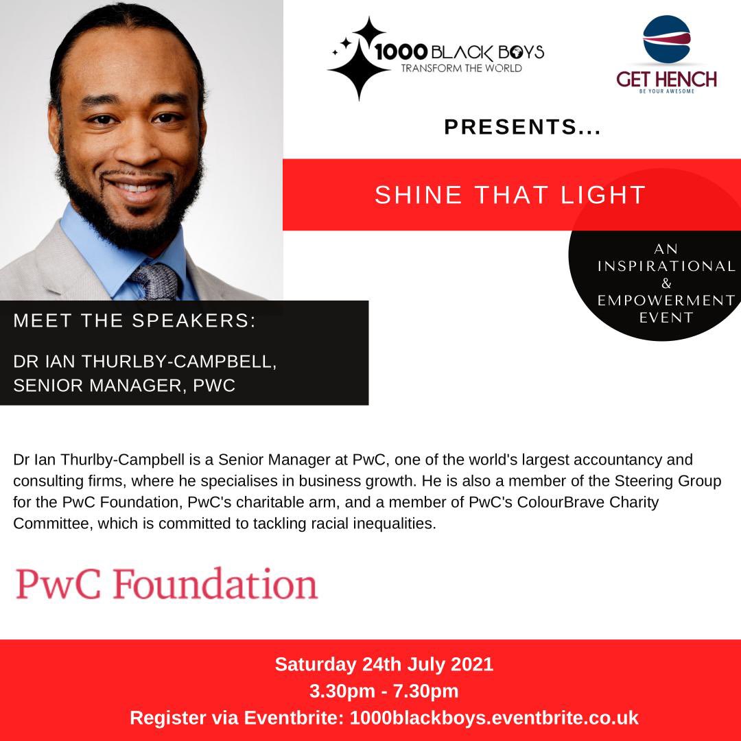 1000blackboys's tweet photo. Introducing Dr. Ian Thurlby-Campbell, one of our excellent speakers this Saturday. Dr Ian is a senior manager at @PwC_UK and is passionate about making a difference in the business and the wider community. Read bio👇🏾
Join us to find out more!
#1000blackboys #shinethatlight https://t.co/NG171VEEWs