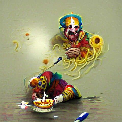 gavinfsmith's tweet photo. What better way to use the incredible "VQGAN+CLIP AI based text to image generator"  than to visualise the nightmares you had as a child.....

This one was generated using the text "a clown eating spaghetti".  Sweet dreams...

#surrealism #SalvadorDali #ai #VQGAN https://t.co/F0RmMukgxf