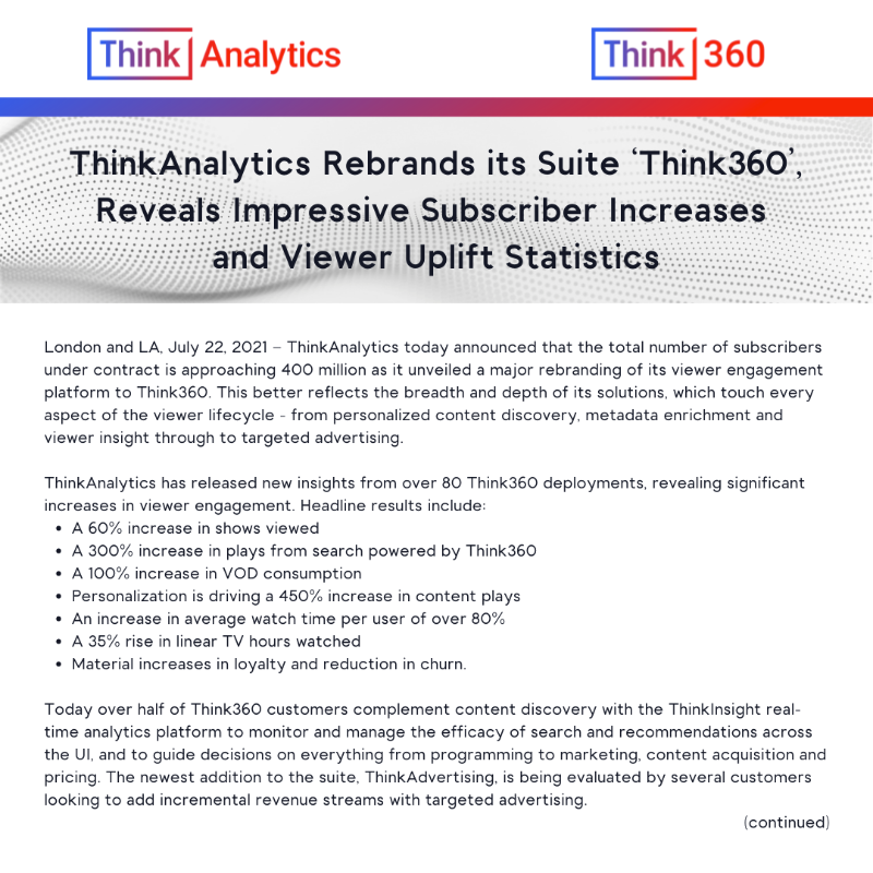 thinkanalytics's tweet photo. Today we unveiled Think360 to better convey our holistic approach to viewer lifecycle management. Not just search and recommendations, but also the insights to make data-driven business decisions. Get in touch to learn more!
#viewerengagement #personalizedTV #OTT #metadata