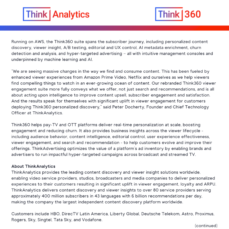 thinkanalytics's tweet photo. Today we unveiled Think360 to better convey our holistic approach to viewer lifecycle management. Not just search and recommendations, but also the insights to make data-driven business decisions. Get in touch to learn more!
#viewerengagement #personalizedTV #OTT #metadata