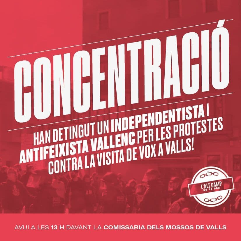 AlertaSolidaria's tweet photo. 🎙Escolta l'entrevista feta al @CarlesHeredia , que es troba ara mateix detingut a la comissaria dels Mossos de Valls

📻Entrevista feta a Ràdio Ciutat de Valls @rcvalls 

✊Totes amb en Carles!
🔥Contra el feixisme i la repressió política!!! 

https://t.co/8YVFdSzp47 https://t.co/BmSd5haDpU
