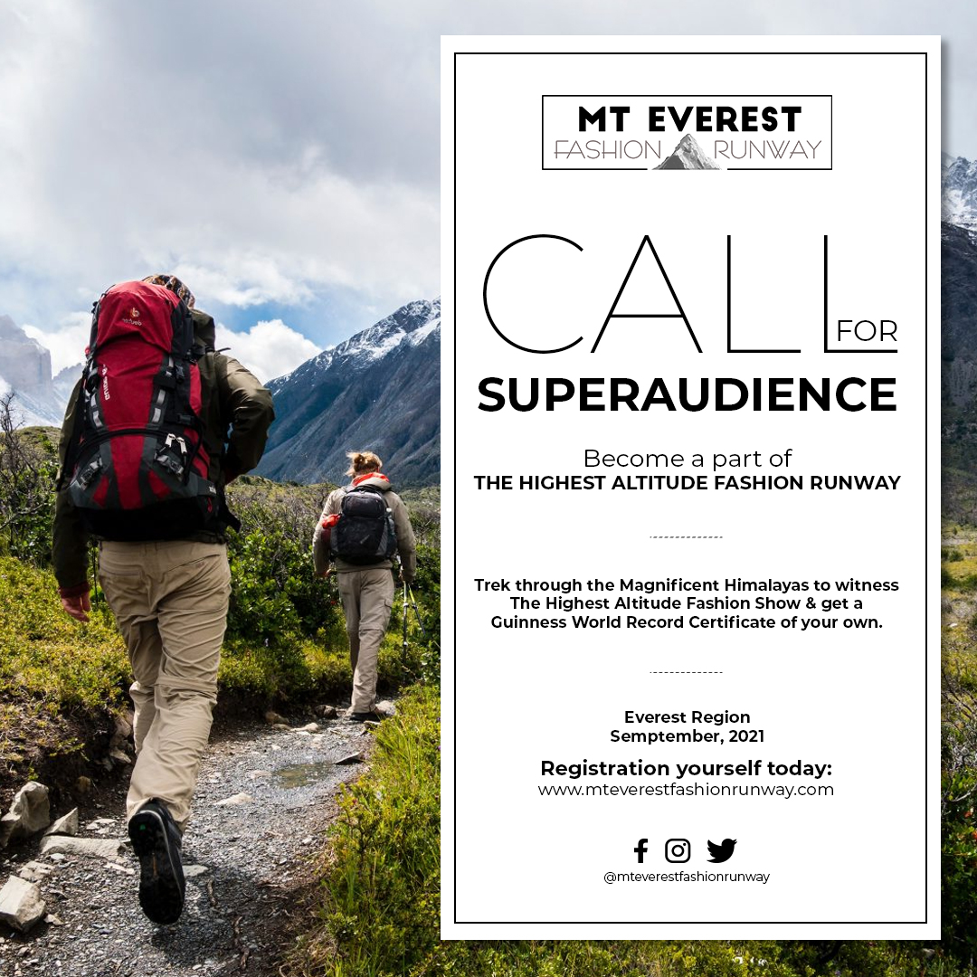 MtEverestRunway's tweet photo. BECOME A SUPER AUDIENCE for the "MT. EVEREST FASHION RUNWAY".
This is the chance to reserve your seats. 
Register yourselves today at https://t.co/wpblelcueN
Visit our website: https://t.co/Oy0ykUMc3D
#mteverestfashionrunway #superaudience #trektoeverest https://t.co/Ze7pxHfNPP