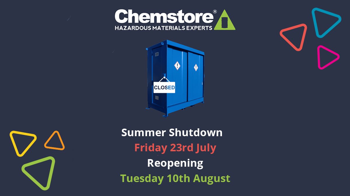 Chemstore's tweet photo. Our production facility and Irish Office is closing for summer shutdown.

We will be closed from Friday 23/07/2020 at 13:30 until Tuesday 10/08/2020 at 8:00.

For urgent enquiries, please email info@chemstore.ie https://t.co/3xXcQ62gXC