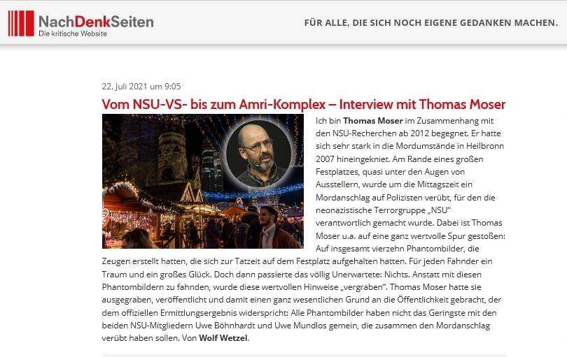 Ich bin Thomas Moser im Zusammenhang mit den NSU-Recherchen ab 2012 begegnet. Er hatte sich sehr stark in die Mordumstände in Heilbronn 2007 hineingekniet. Am Rande eines großen Festplatzes, quasi unter den Augen von Ausstellern, wurde um die  #Amri

wolfwetzel.de/index.php/2021…