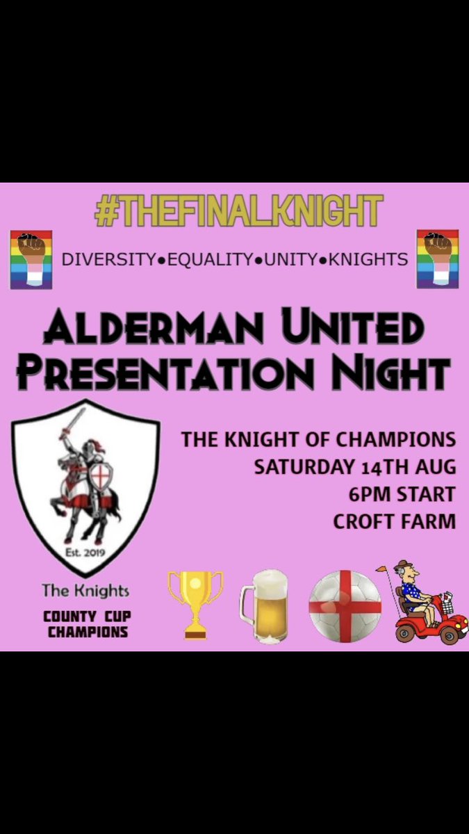 AldermanUnited's tweet photo. Well people, we are are BACK!

For One Knight Only!
It’s been a long road but we finally have our presentation night arranged! 
Trophies &amp; a raffle with a mystery bag as top prize! 
Ticket only!

#TheKnights 

#TheFinalKnight
🏳️‍🌈🏴󠁧󠁢󠁥󠁮󠁧󠁿✊🏿🥂⚽️🏆❤️👃🏻 https://t.co/fsBxS2pTKo