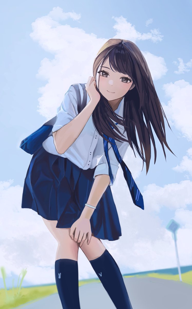 1girl solo skirt outdoors school uniform necktie long hair  illustration images