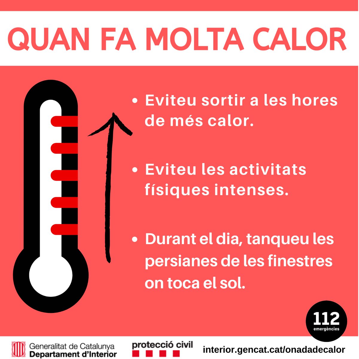 emergenciescat's tweet photo. 🔴 Avís de #calor 🌡🌞 per avui dijous i demà divendres, amb temperatures extremes a molts punts del país

⚠ Eviteu sortir a l'exterior durant les hores de més calor i hidrateu-vos molt sovint! 

Tingueu molt en compte els principals consells 👇
https://t.co/3HaBvwfTNj https://t.co/07Dpbl5QTz