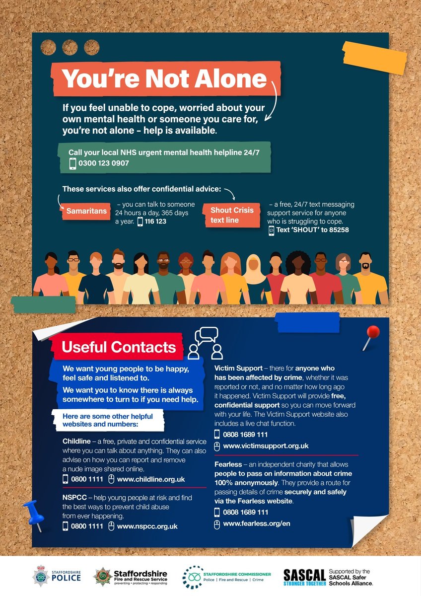 ⚠️Attention Parents and Guardians⚠️ 

Share this info with your children &amp; talk to them today about where they can get advice if they feel unable to cope, worried about their own or someone else's mental health.  

It also has the details of other helpful website &amp; numbers.