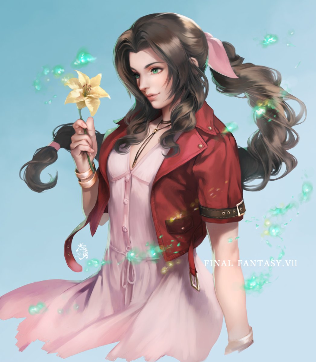 aerith gainsborough 1girl solo flower red jacket pink dress brown hair dress  illustration images
