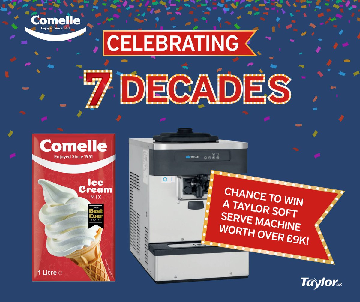 lakelandFS's tweet photo. Enjoyed since 1951, Comelle is celebrating 70 years and invites you to join in the celebrations. This month you could #WIN a Taylor Soft Serve Machine worth over Β£9k! π¦The competition ends on the 30th of July. @TaylorCo_UK #Comelle #7Decade #Anniversary #IceCream https://t.co/X1WruYOkyA