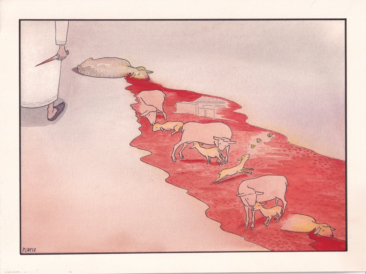 pacocatt's tweet photo. Mi viñeta de hoy jueves 22 de julio de 2021. Rem.
Matar un animal en casa es ilegal. 
Los ritos kasher y halal deberían prohibirse. 
Ninguna religión debe tener excepciones a la ley. 
La evolución del ser humano tiene que tender a espacios de paz y de compasión.
(Chema Lera) https://t.co/zVqXX6fded
