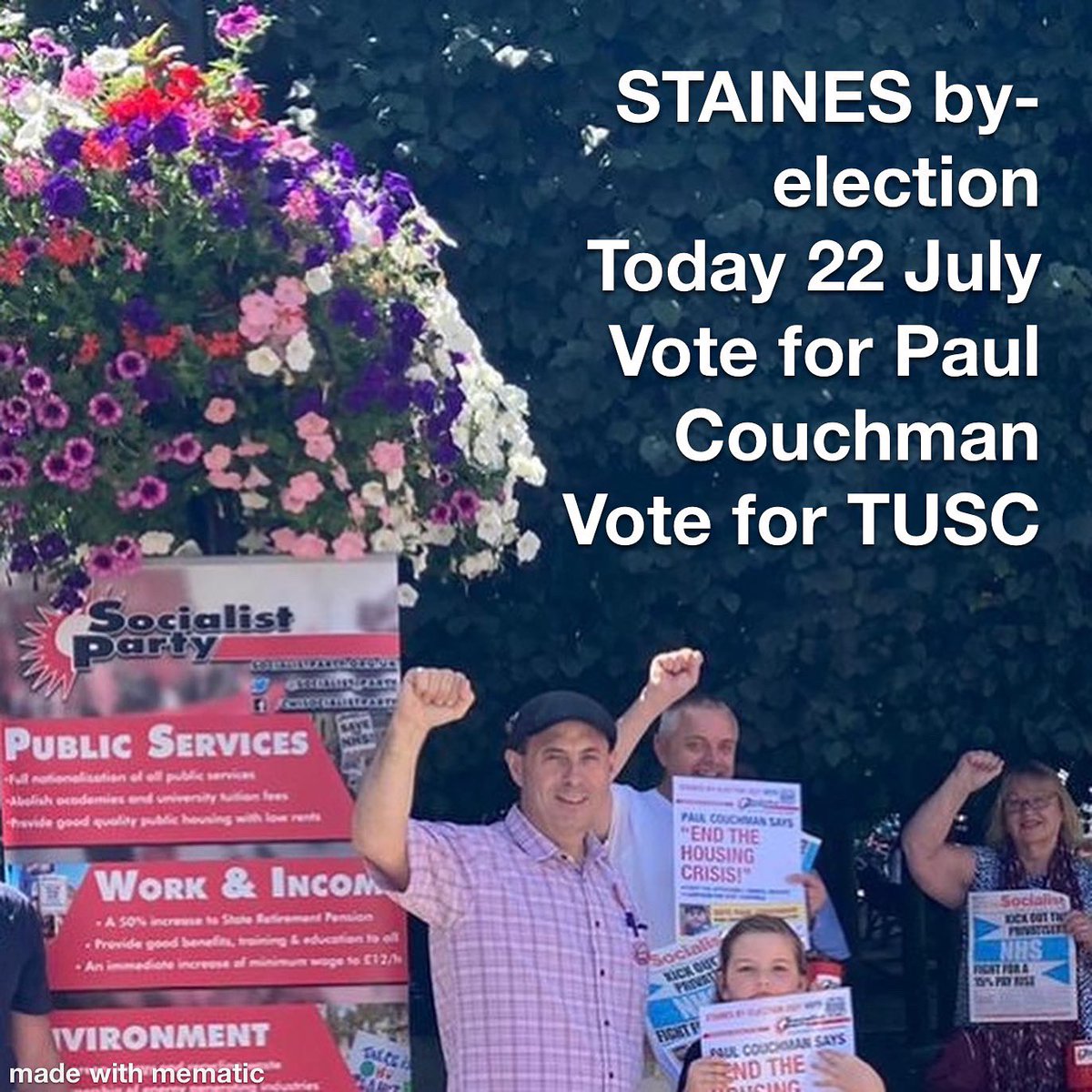 PaulSurreySP's tweet photo. The by-election is today. If you live in #Staines please use your vote. Come see us in the high street outside the Harvester. @SurreySocialism @TUSCoalition https://t.co/IncGsrbTa1