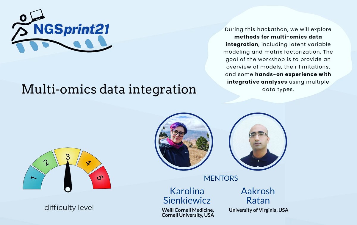 NGSchoolEU's tweet image. 🟣#NGSprint #HACKATHON 2021: Team of Karolina &amp;amp; Aakrosh🟣
🔰 Multi-omics data integration 🔰 8-15 Sep 2021 
📍Requirements: familiarity with #command_line and #R programming language.
Check the program and register 👉 ngschool.eu/ngsprint/
#omics #bioinformtics #biohackthon