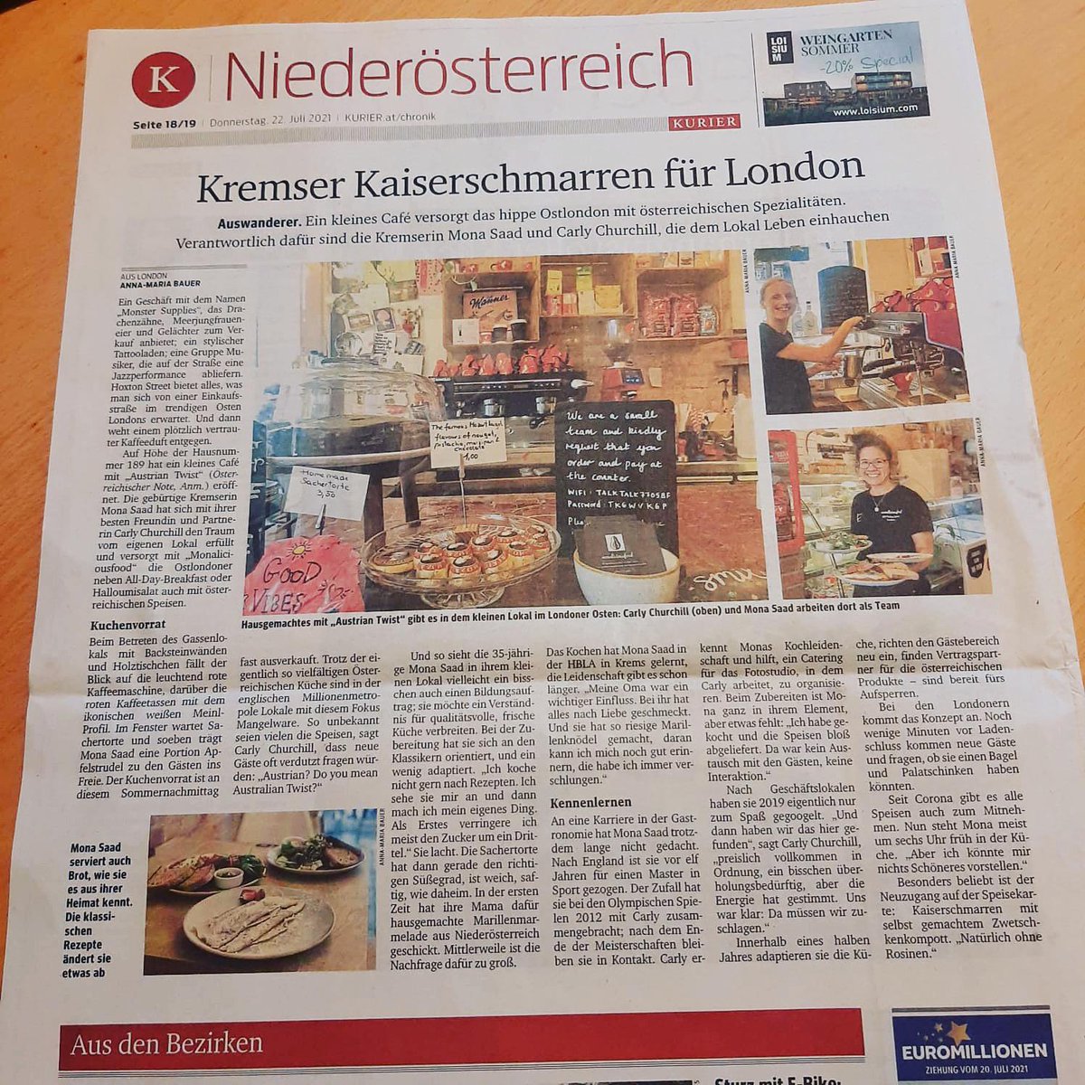 ⭐️A BIG THANK YOU⭐️<a href="/KURIERat/">KURIER</a> and their lovely writer Anna-Maria Bauer for our beautifully written article 🙏🏼 🙌🏼❤️#monaliciousfood #hoxtonstreet #independent #cafe #austriantwist #kurier #eatin #takeaway #collection #coffee #homemade #bakes #breakfast #brunch #lunch