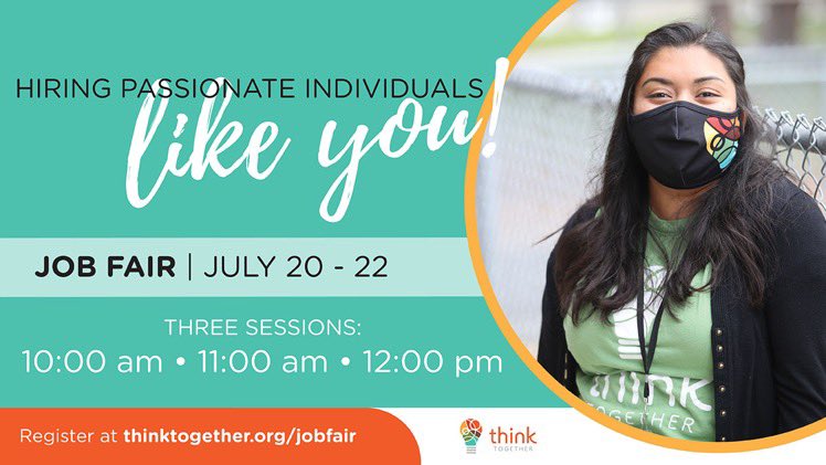 Think Together is hiring passionate individuals like you who want to support students with their #education! Join our team for an informational hiring session to find out more about YOUR future at Think Together. #Hiring #HiringNow #ApplyNow

🔗Register at bit.ly/ThinkJobF