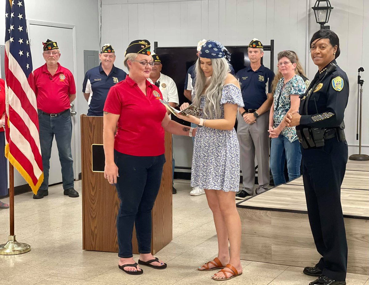 LCFlaPD's tweet photo. This past Tuesday, American Legion Post 57 held their Installation of Officers Ceremony. At the end of the ceremony, the Legion presented Officer Taylor Sapp with a donation to assist with her battle. #lcflapd #taystrong #taylorstrong #lcflacommunity https://t.co/sFfwZg2raf