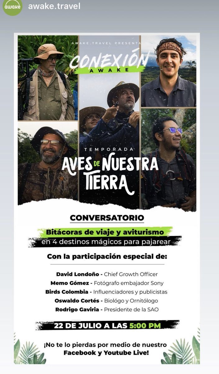 oswaldoaves's tweet photo. Buen día 😃! 📣 Te invitamos a ser parte de esta divertida reunión para hablar acerca d las expediciones pajareras, anécdotas y experiencias que realizamos con  #ConexionAwake en estos meses desde Casanare, Tayrona, Santa y Putumayo con @MemoGomezFoto @NikyCarreraLevy @mauroossa https://t.co/Welk2nNIcj