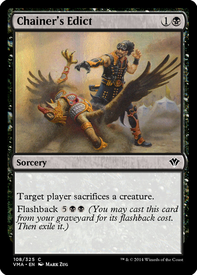 TheR3dMage's tweet photo. @Mengu09 I can actually raise you: you can get printings of Chainer's Edict with all *four* rarity colors, including Mythic, but the ones with the rare and mythic symbols are promos, where I would argue the rarity is "promo" rather than "rare" or "mythic". https://t.co/udckExH9lS