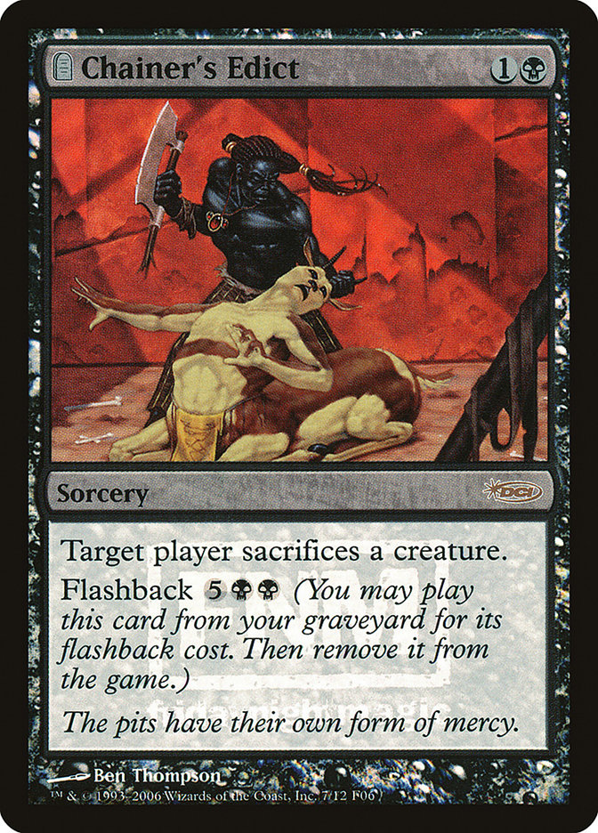 TheR3dMage's tweet photo. @Mengu09 I can actually raise you: you can get printings of Chainer's Edict with all *four* rarity colors, including Mythic, but the ones with the rare and mythic symbols are promos, where I would argue the rarity is "promo" rather than "rare" or "mythic". https://t.co/udckExH9lS
